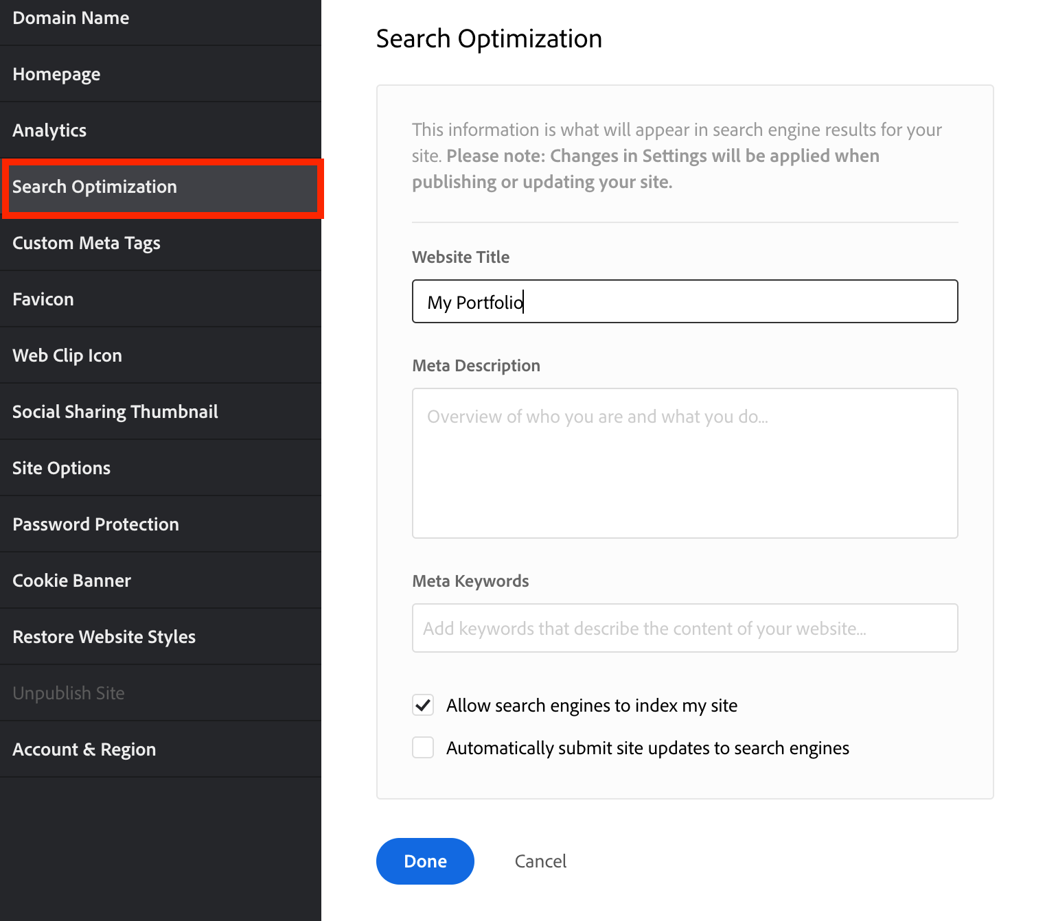 adobe portfolio search optimization